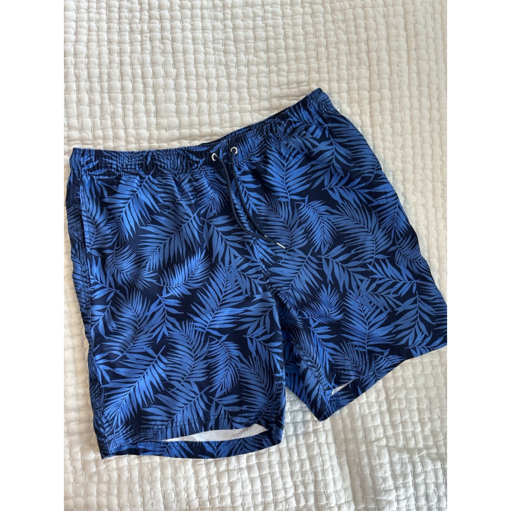 Men's Lands End 8" Volley Swim Shorts Blue Tropical Pattern Size L (36”-38”)